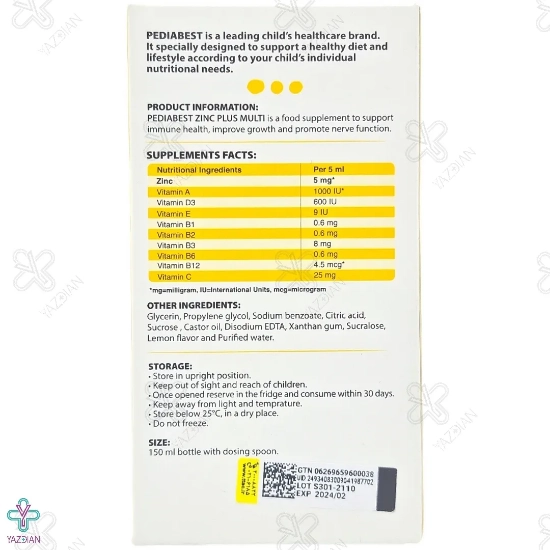 شربت تقویت کودکان زینک پلاس مولتی پدیابست - 150 میلی لیتر